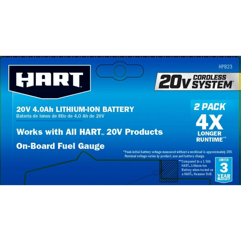 HART 2-pack 20-Volt Lithium-Ion 4.0Ah Batteries (Charger Not Included) HART 2-pack 20-Volt Lithium-Ion 4.0Ah Batteries (Charger Not Included)