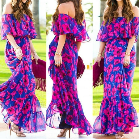 2019 Boho Women Holiday Off Shoulder Floral Maxi Ladies Summer Beach Party Long Dress Size