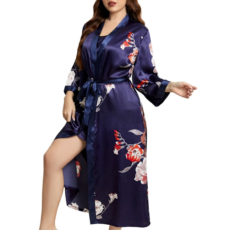 plus size silk dressing gown Feslieacc Women's Satin & Silk Plus Size Floral Robes, Dressing Gown,  Black, XL
