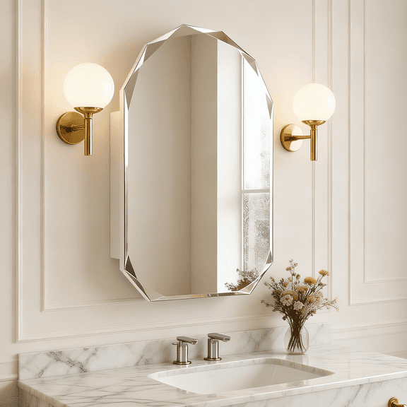 FKWIN Bathroom Medicine Cabinet with Mirror, 21.6 x 30.4 in, Recessed or Wall Mounted, Frameless Faceted Beveled Door, White