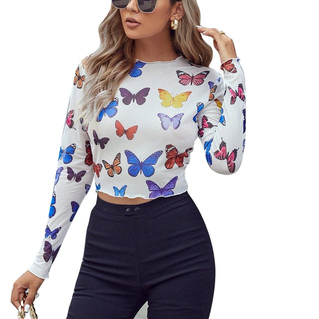 Top de malla con cuello redondo para mujer, Top de malla largo para mujer Top de malla estampado para mujer Top de malla estampado para mujer Calidad superior