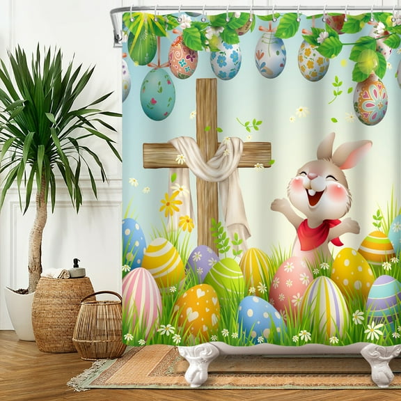 Spring Easter Shower Curtain,Funny Bunny Waterproof Fabric Bathroom Curtain with Hooks,72x72 in