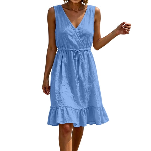 Ahabrexf Womens Summer Ruffled Hem Dresses, Sleeveless V Neck Drawstring Waist Natural Fiber Linen Sundress for Casual Vacation Wear