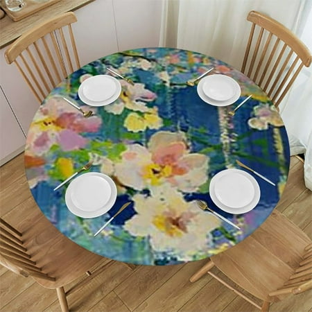 

Ullo0ord Modern Art Painting Flower Floral Round Fitted Tablecloth Elastic Edge Waterproof Oil-Proof Table Cover Stain-Resistant Table Cloth Fits Round Tables 54 -58