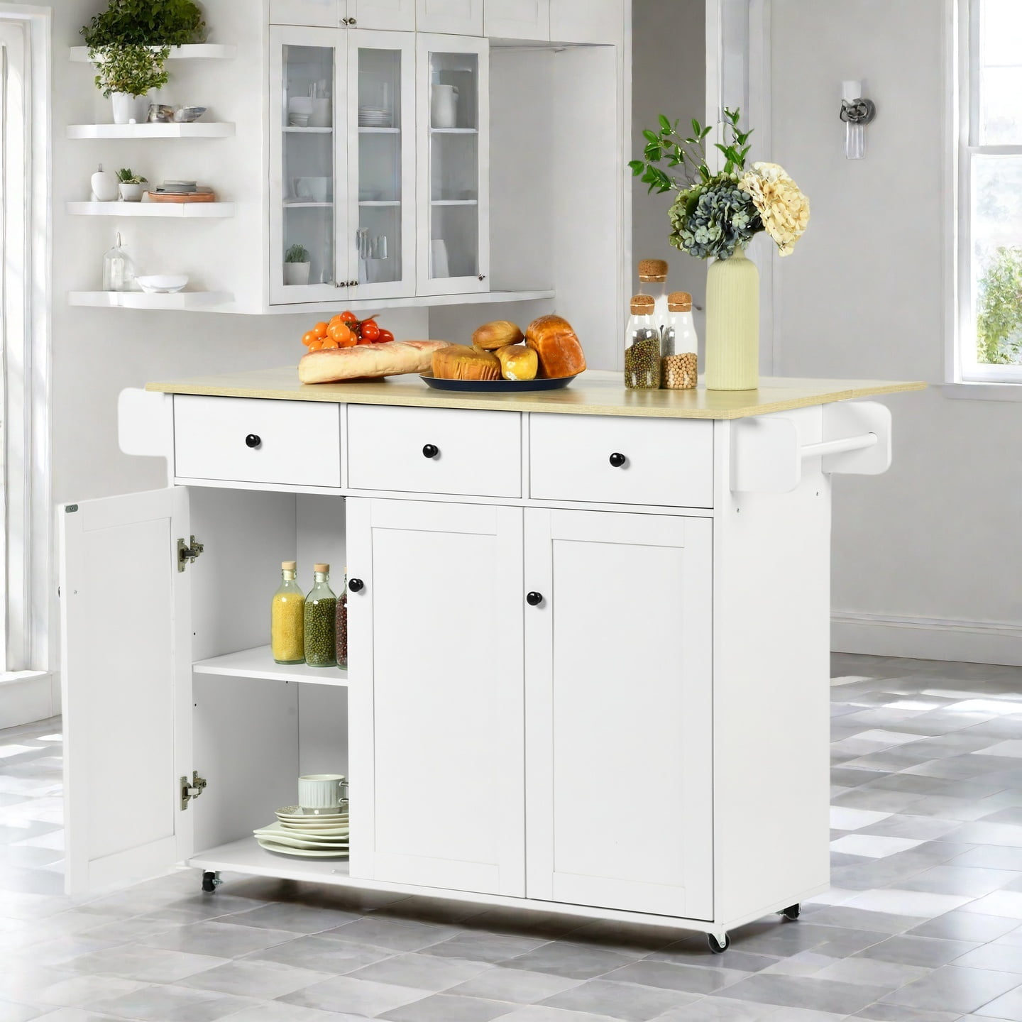 45.3" Kitchen Island with Storage Cabinets and Drawers, Rolling Utility Cart with Towel Rack and Wood Top, White
