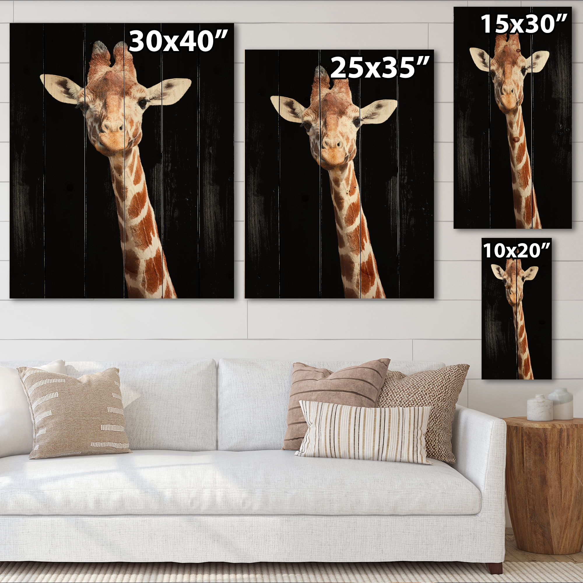 Designart 'Close Up Portrait Of A Giraffe On Black V' Farmhouse Print on Natural Pine Wood
