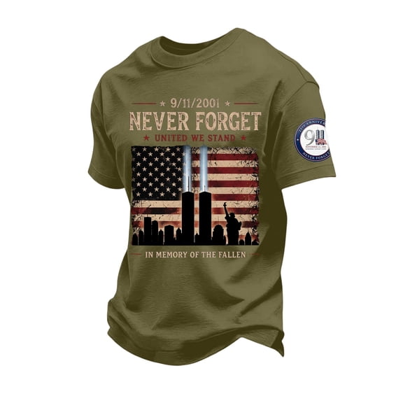 Patriot Day 9/11 Never Forget Men's T-Shirt - Vintage Text Graphic Crew Neck Pullover with Patriotic Theme for Remembrance Events Army Green L