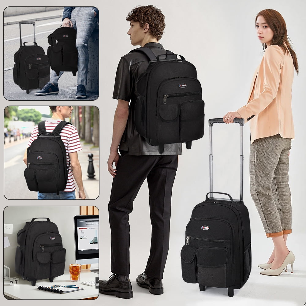 20" Rolling Backpack for Women Men, 2 in 1 Carry-on Travel Backpack with Wheels & Handle for Work, Weekend, School, Short Trips, Black - JH2560