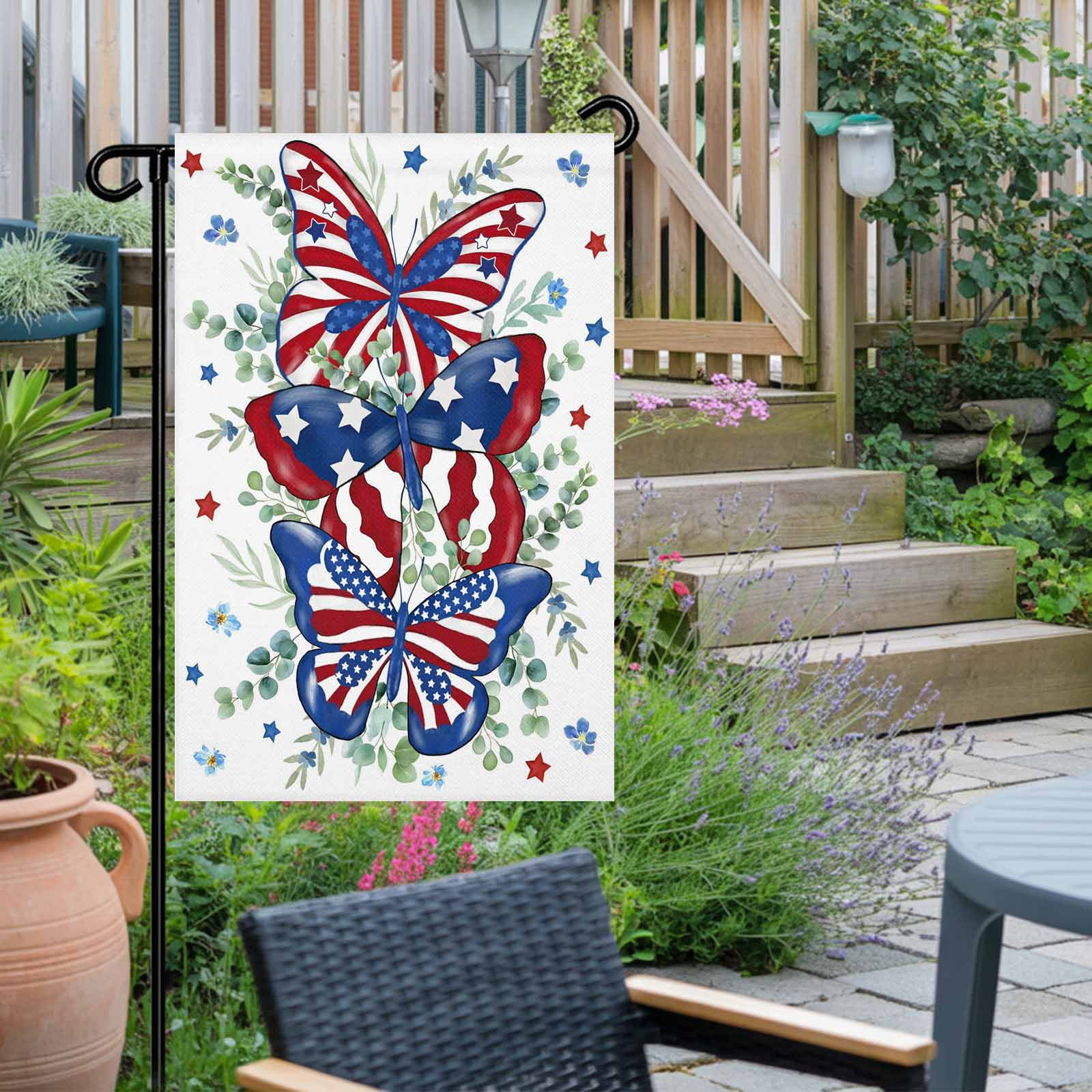 4th of July Garden Flags Patriotic Star Butterfly Garden Flag Double Sided Welcome Flag Eucalyptus Leaves Independence Day Yard Flags for Outdoor Lawn Porch Memorial Day Holiday Decor 28x40 Inch