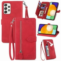Dteck Case for Samsung Galaxy A52 5G,Magnetic Leather 7 Card Slots Zipper Wallet Case Shockproof Rubber Kickstand Cover with Wrist Strap, Red