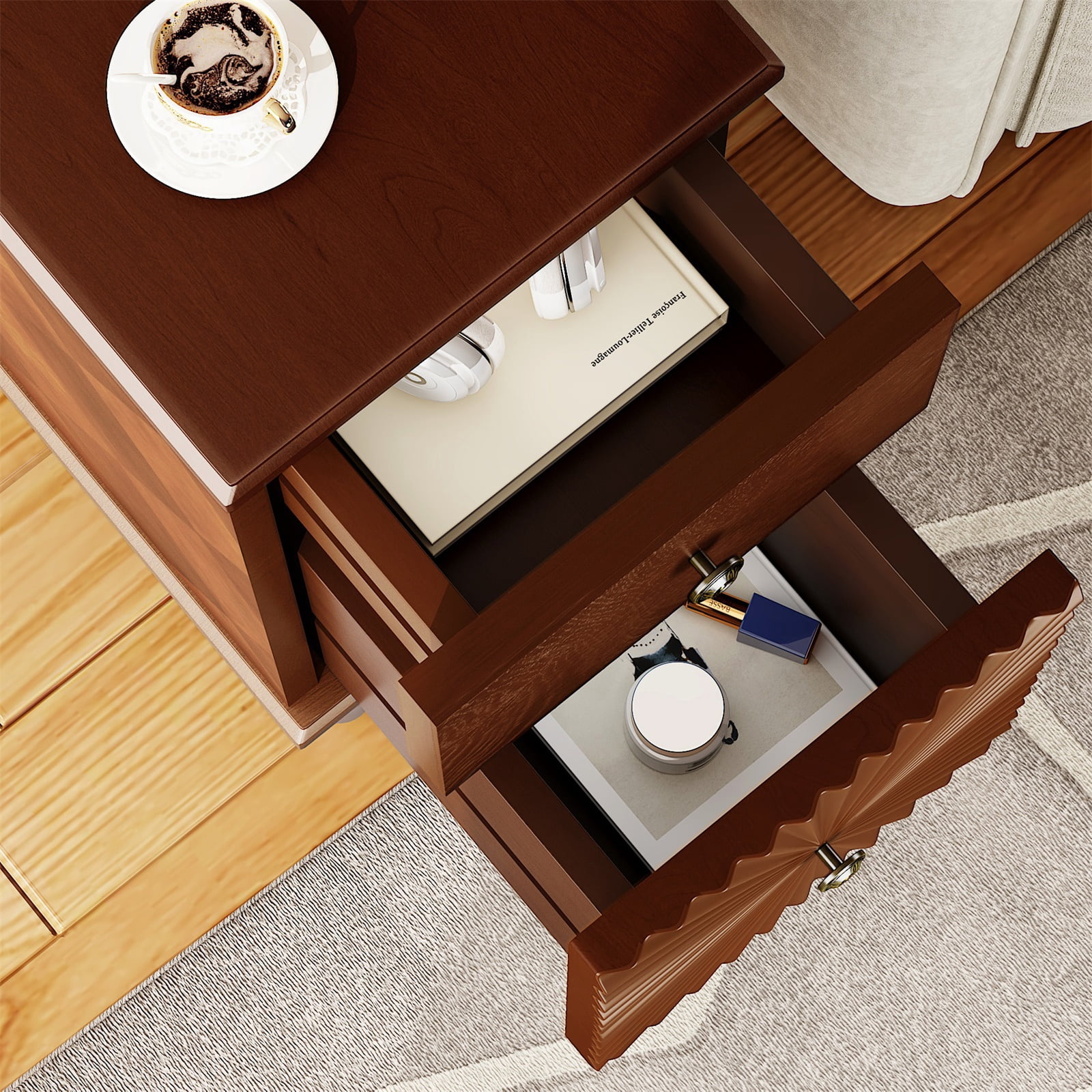 Hommoo Modern 2 Drawer Sofa Side Table, Narrow End Table Nightstand for Living Room, Bedroom, Walnut