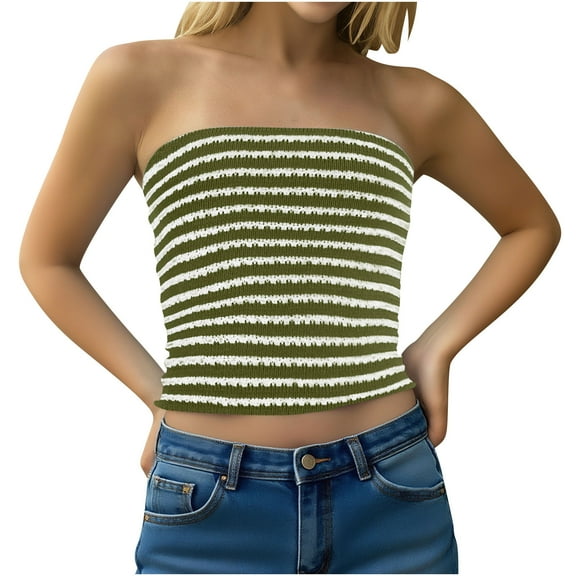 Women Strapless Striped Bandeau Tube Tops Y2K Aesthetic Sleeveless Backless Crop Tank Going Out Summer Girls Beach Holiday Camisoles