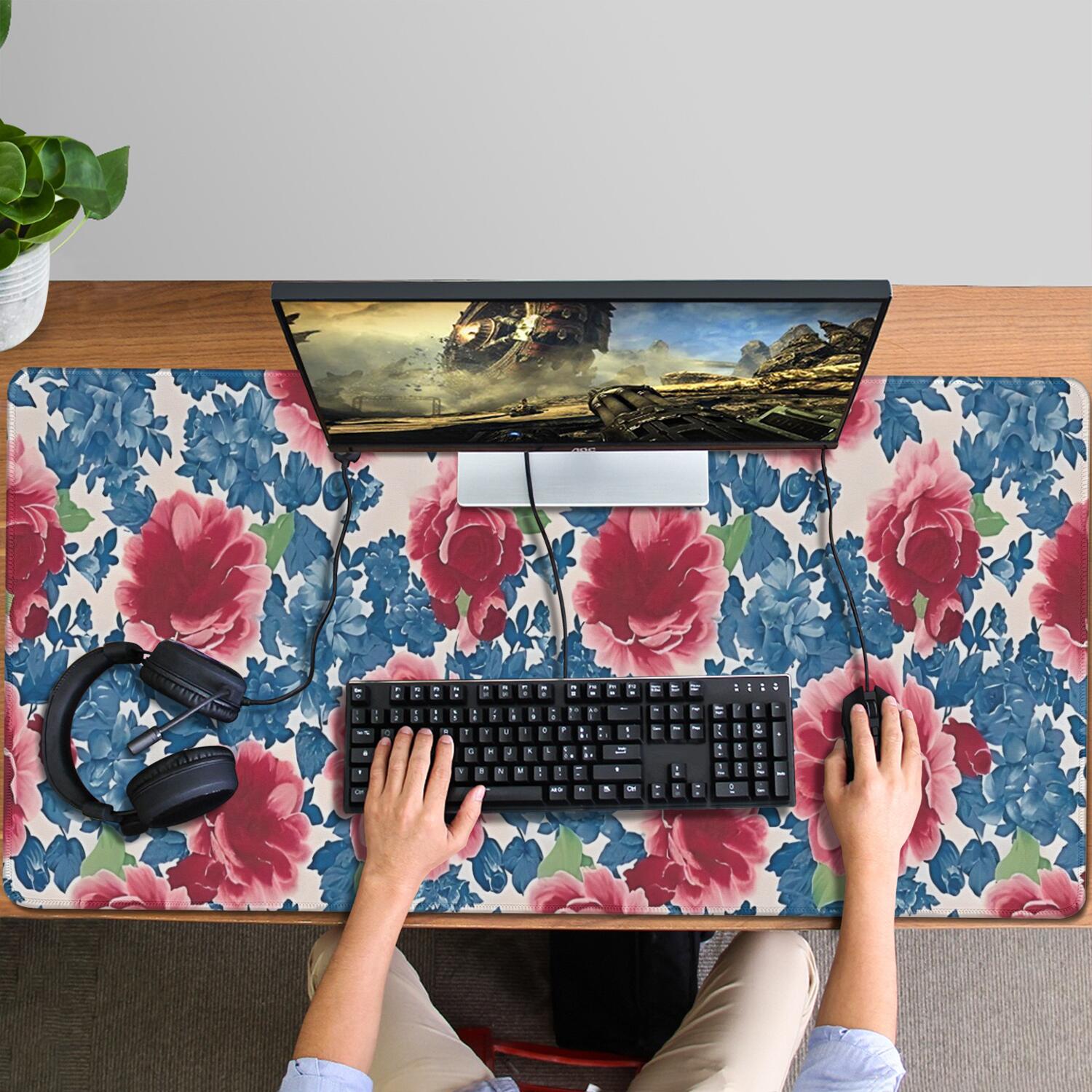 Long Mouse Pads for Desk,Pioneer Flower Floral Print Pattern Desk Mats on Top Of Desks, Desk Mouse Pad Extra Large with 3mm Non-Slip Base and Stitched Edge for Gaming,Office,Work,Home 47.3"x23.6"