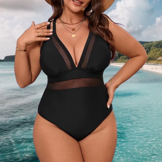Women One Piece Swimsuit Plus Size Swimsuit Solid Color Swimsuit With Mesh Panels Back Design Bathing