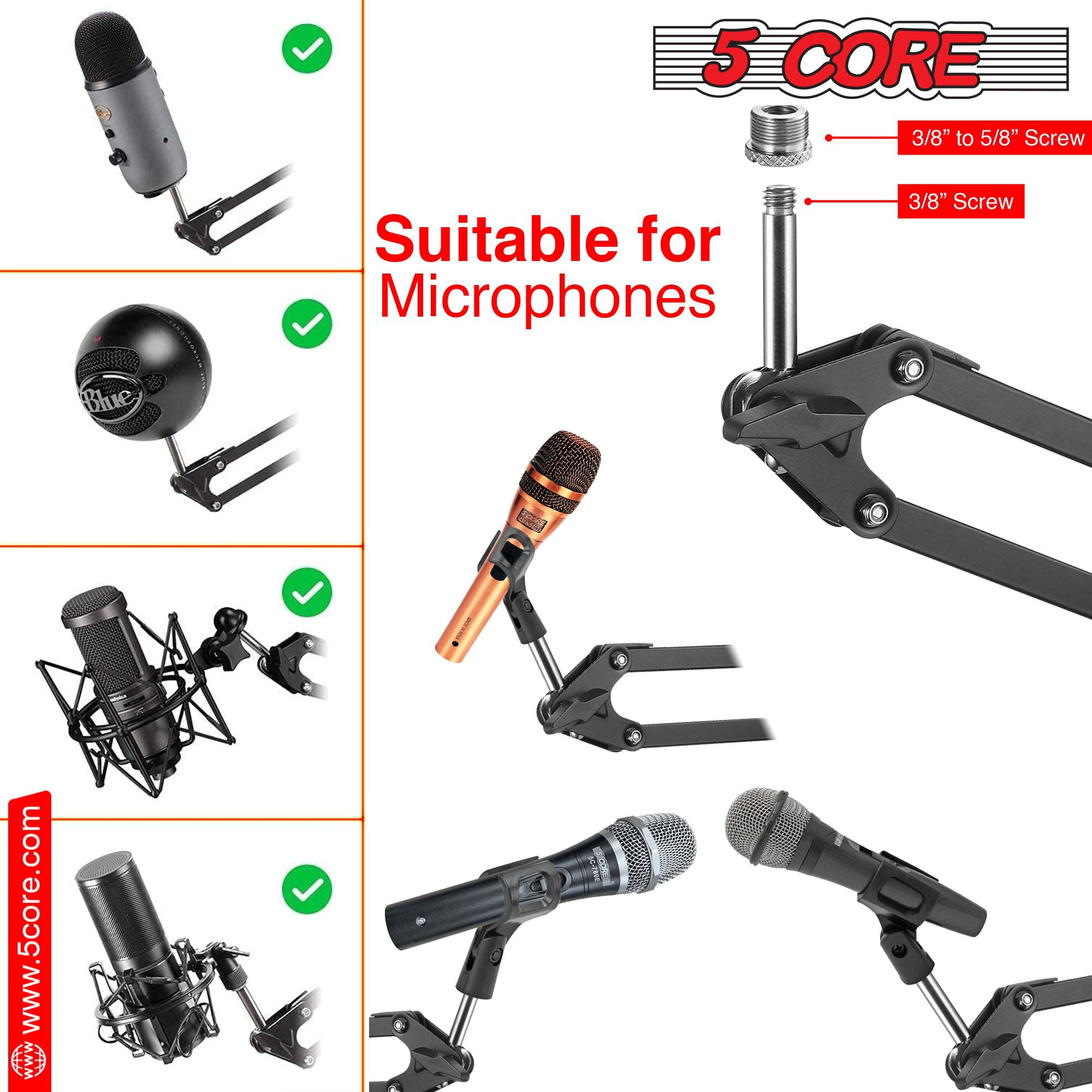 Microphone Arm Stand Upgraded Adjustable Suspension Boom Scissor Arm Mic Holder with Pop Filter 3/8" to 5/8" Adapter Mic Clip Shock Mount Cable Ties,Black