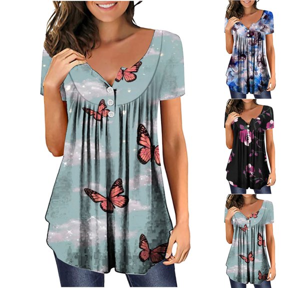 Fesfesfes Womens Tanks Women's Summer Printed Round Neck Button Pleated Short Sleeve Top Tee Shirts Womens S(US:4)