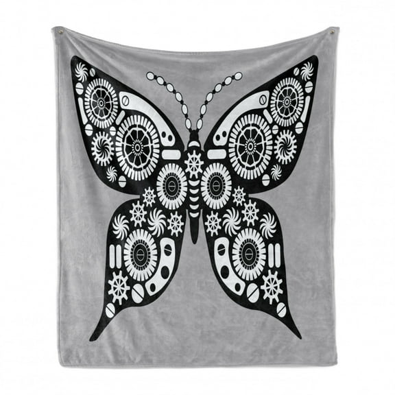 Steampunk Soft Flannel Fleece Throw Blanket, Silhouette Butterfly Design with Mechanism Cogs and Gears, Cozy Plush for Indoor and Outdoor Use, 60" x 80", Pale Grey White, by Ambesonne