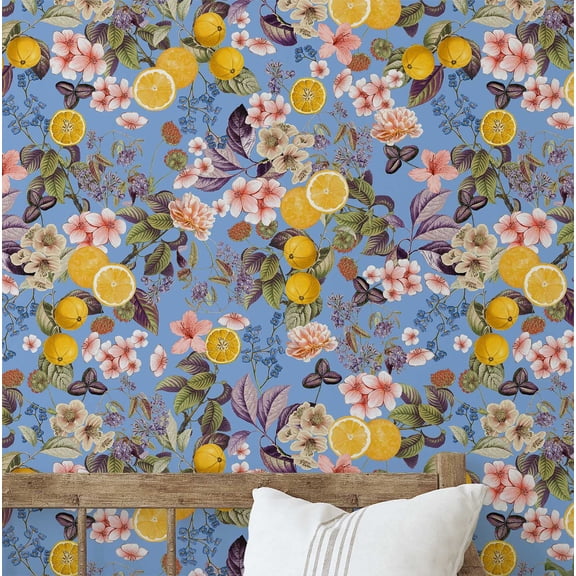 S4sassy Self-Stick Decorative Wallpaper, Tropical Citrus Blossom Wall Paper, Vinyl Waterproof Contact Paper, Blue, 25"x60" Removable Renter Friendly Wall Covering For Bedroom, Dining room