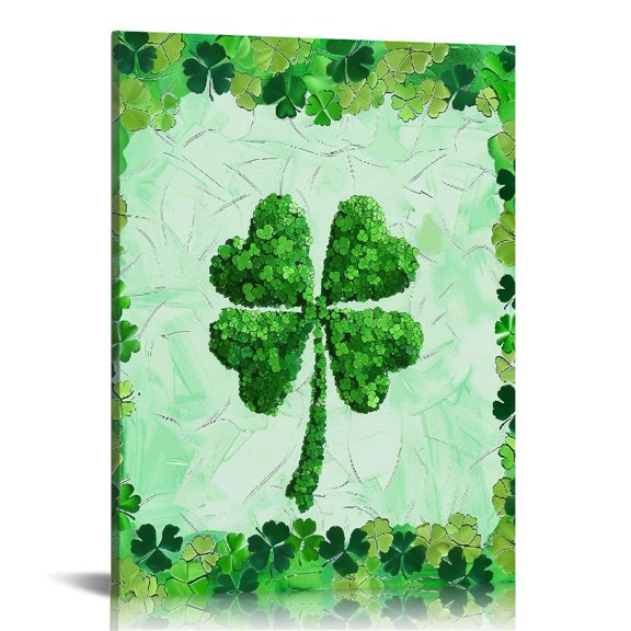 Acheng St. Patrick's Day Canvas Wall Art Framed Wall Decoration Green Shamrock Wall Lucky Leaf Clover Aesthetic Wall Artwork Ready to Hang Wall Pictures for Living Room Bedroom Decor  12x16 in