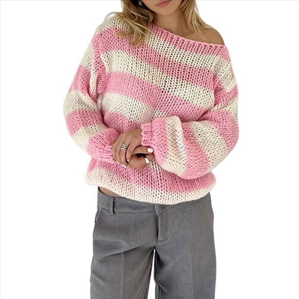 Suéter de Rayas de Gran Tamaño para Mujer, Sudadera de Punto con Bloques de Color, Larga, Suéter Holgado, Jersey Preppy Y2K. Rosa L