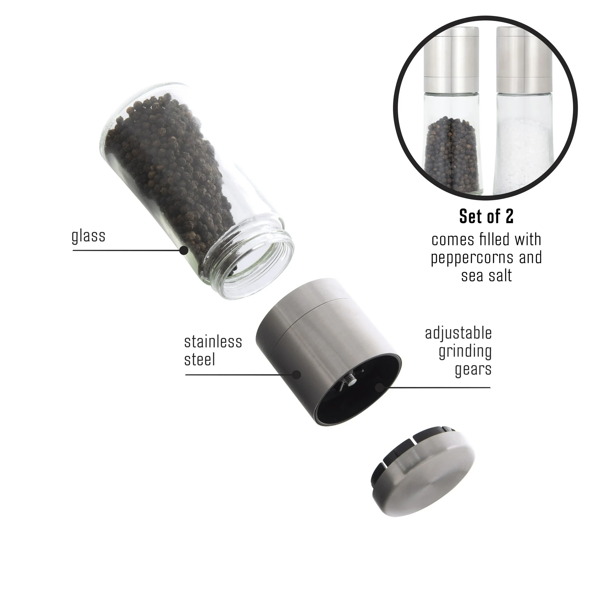 (4 pack) Kamenstein Elite Prefilled Salt and Pepper Grinder Set with Adjustable Grinder
