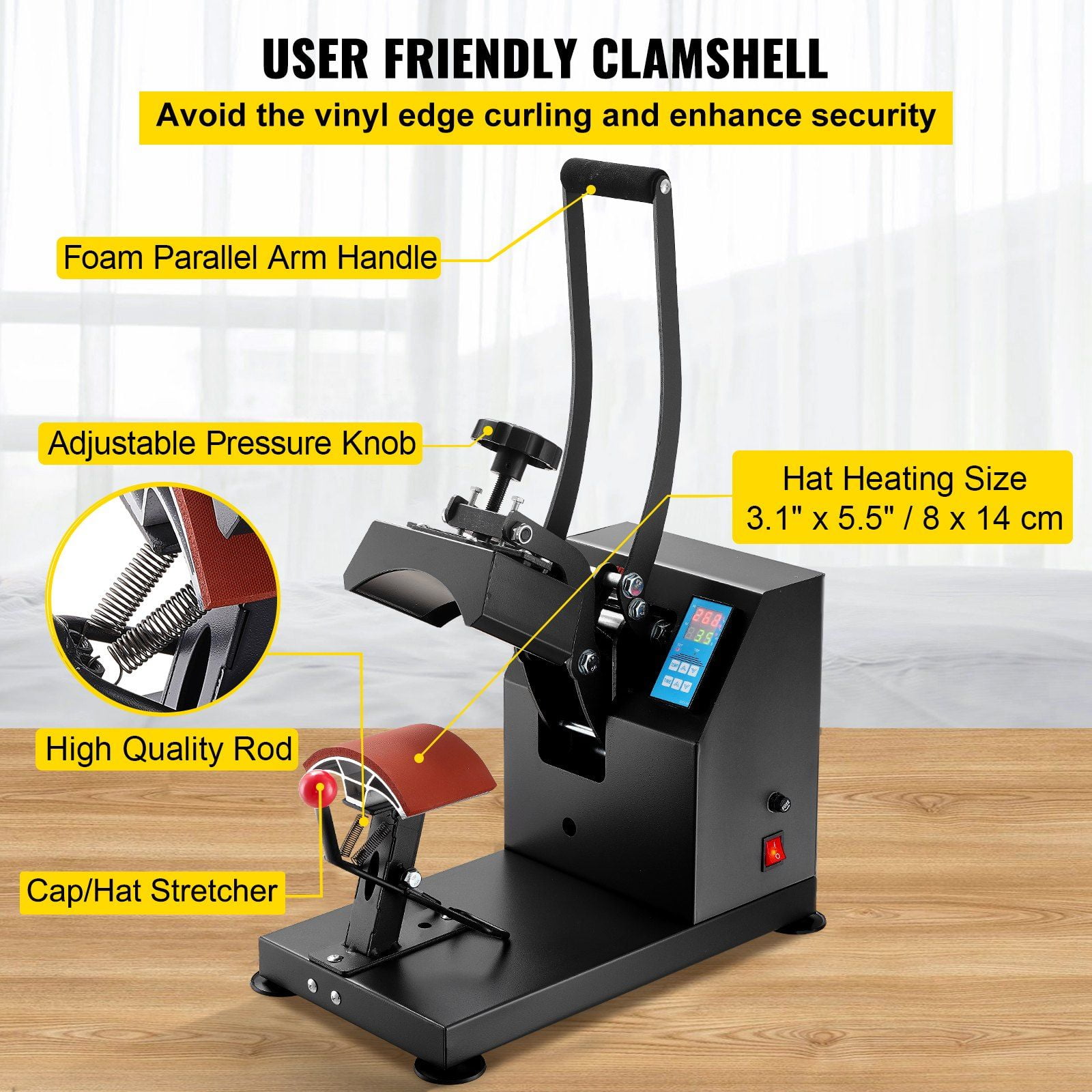6x3.75Inch Clamshell Hat Heat Press - Curved Element for Caps, Digital LCD Timer & Temp Control, Rigid Steel Frame, No Stick Surface, Ideal for Hat Sublimation (6x3.75Inch)
