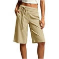 thumbnail image 2 of Inverlee Women's Bermuda Shorts High Waist Drawstring Loose Fit Summer Casual Shorts Beige M, 2 of 9