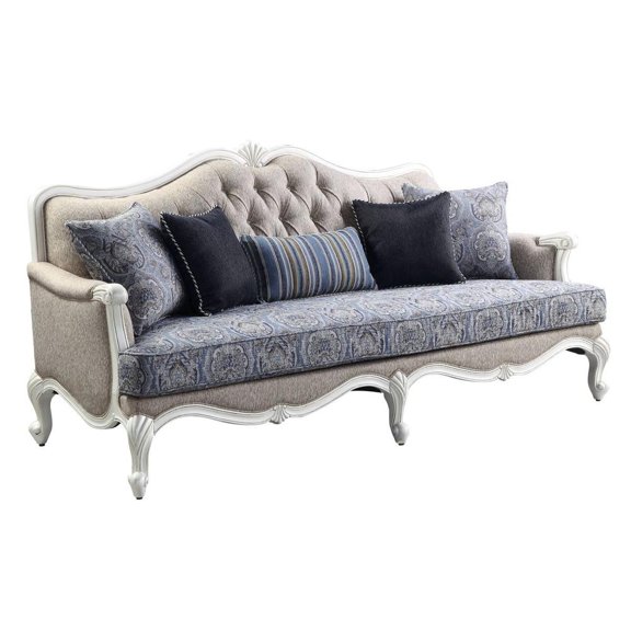 88" Fabric Linen And White Sofa With Five Toss Pillows