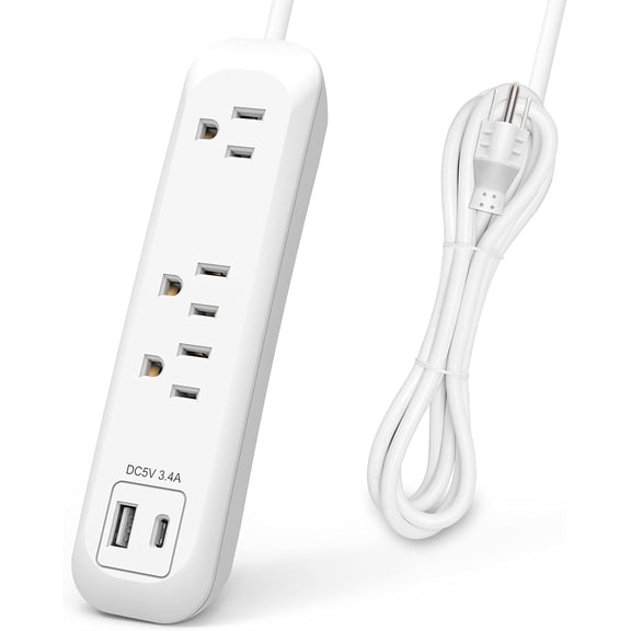Extension cord 3 Outlets with 2 USB Ports, Small Power Strip with USB-A & USB-C (3.4A/5V), White Cord Surge Protector 6 Feet for Home, Office, Travel