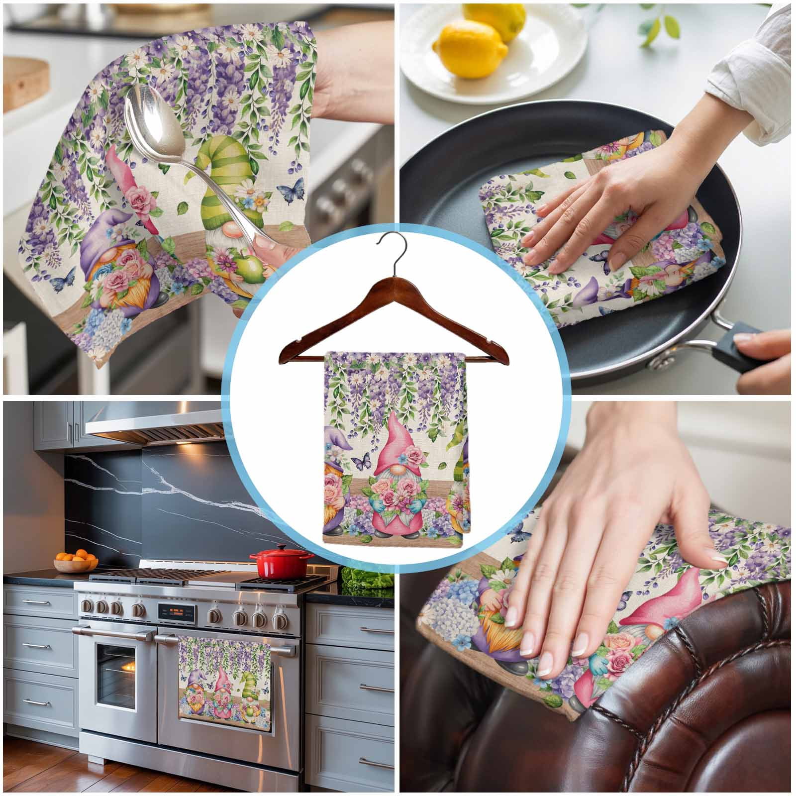 Blue Purple Gnomes 1 Pack Kitchen Towel, Water Absorbent Dish Towel, Spring Vintage Hydrangea Flower Leaf Decorative Hand Towels - Quick Drying Cloth for Cooking Baking, 18x28 Inch