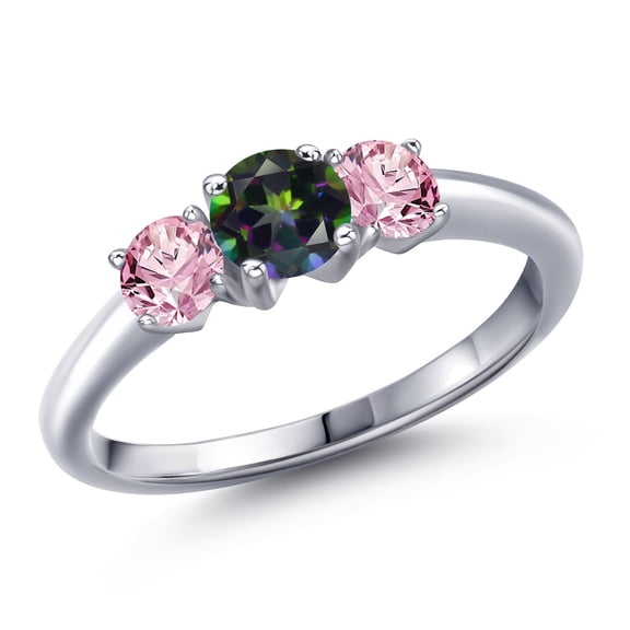 Gem Stone King 925 Sterling Silver Green Mystic Topaz and Pink Lab Grown Diamond Engagement Ring for Women | 1.05 Cttw | Round 5MM | Gemstone November Birthstone | Size 9