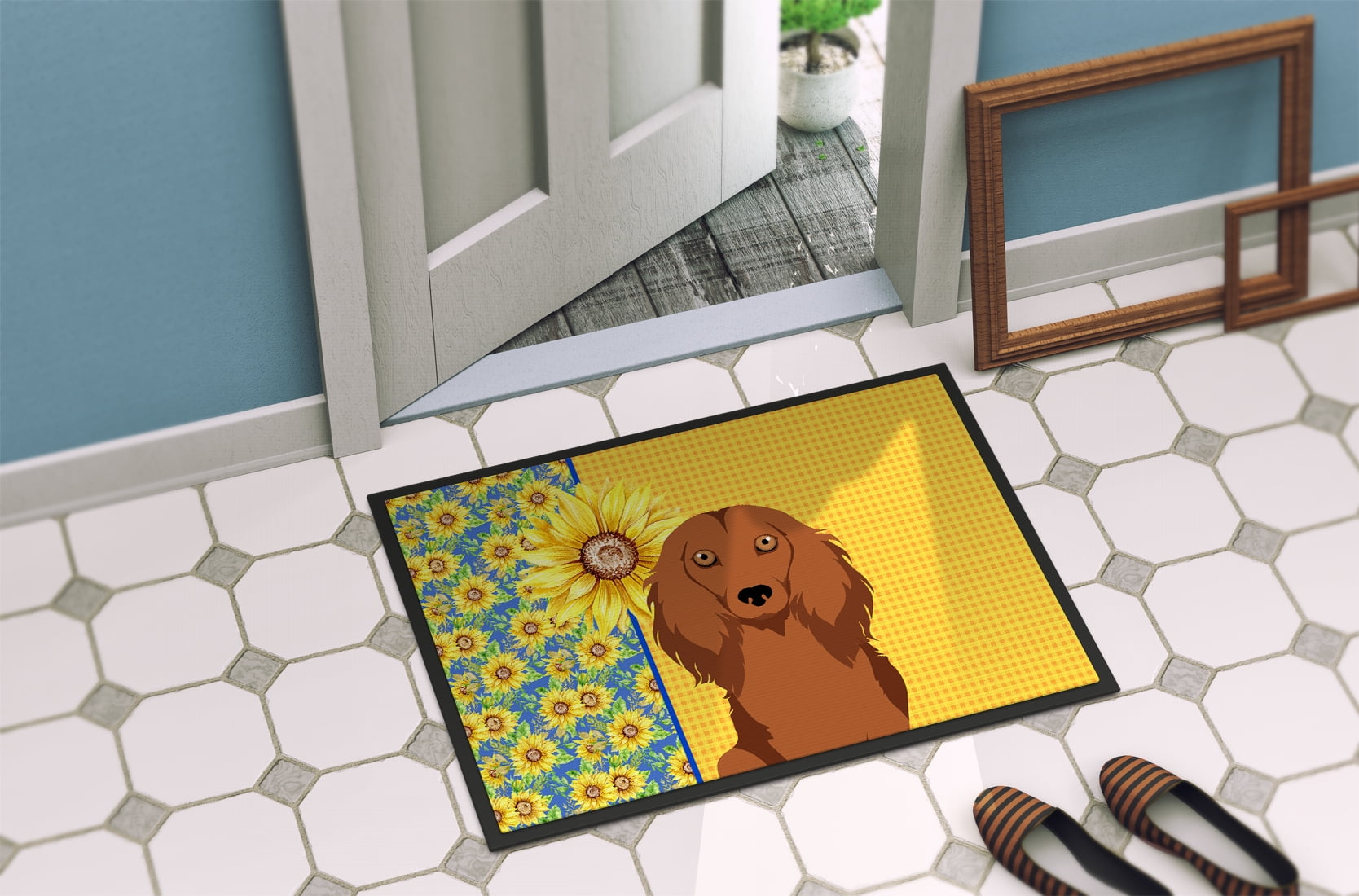 Carolines Treasures WDK5390JMAT 24 x 36 in. Summer Sunflowers Longhair Red Dachshund Indoor or Outdoor Mat