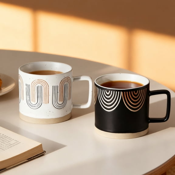 2pcs Halloween Mugs Set  Spooky Ghostly Boo Stoneware - 15 oz Stylish Ceramic Coffee Cups, Unique Patterned Designs - Perfect for Coffee, Tea, or Hot Beverages -  Halloween, Kitchen Accessories