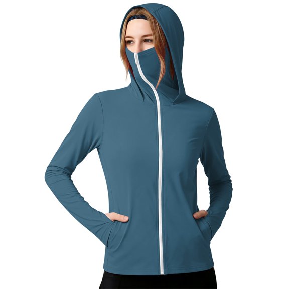 Fengactive Womens Full Coverage Sun Hoodie Face Mask Zip Up Jacket with Thumb Holes and Side Pockets Outdoor Top