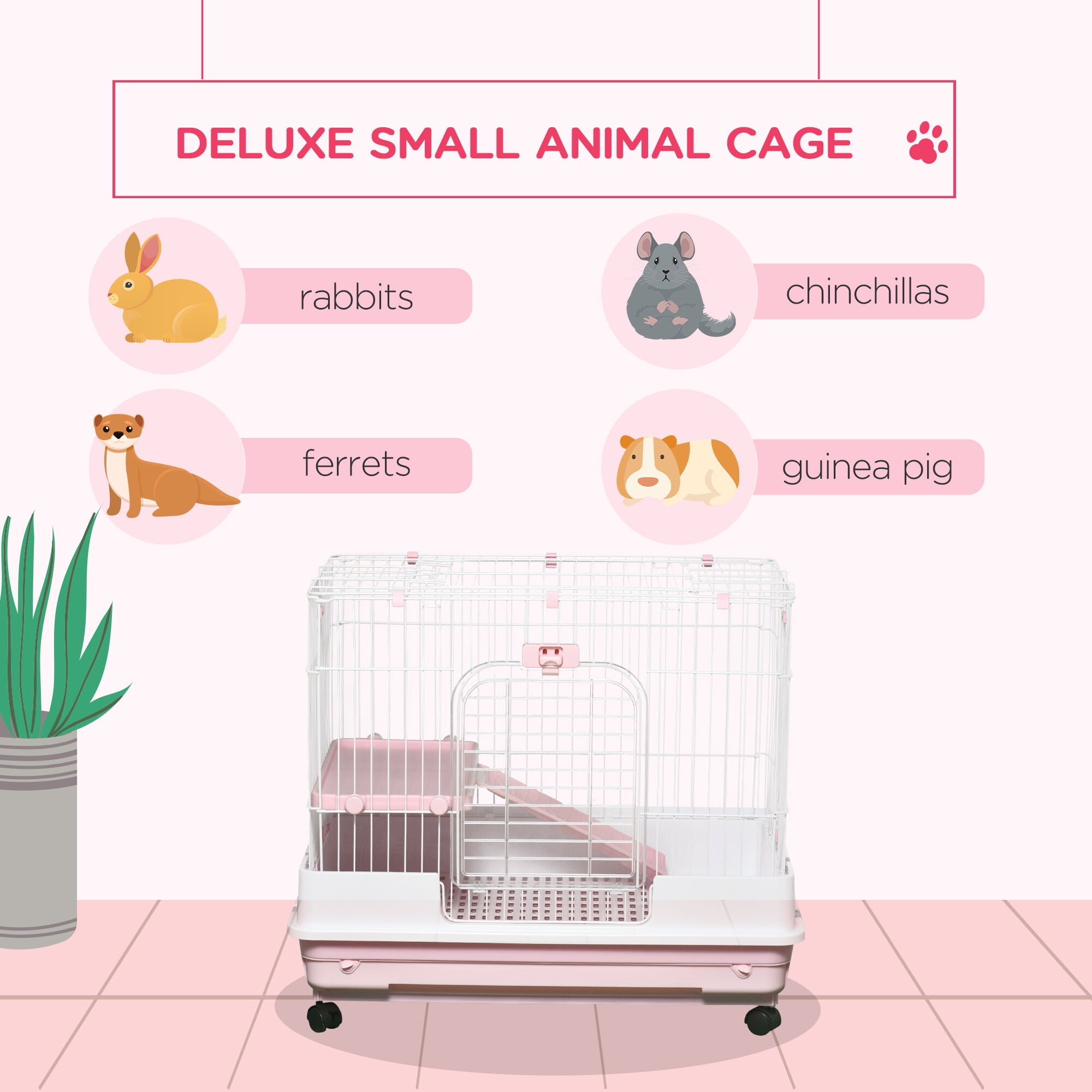 Pink 2-Level Small Animal Cage with Wheels, Rabbit Hutch for Bunny & Chinchillas, 32"L x 20.8"W x 26"H