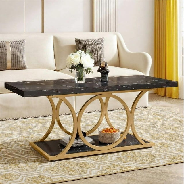 Fnova 47.24" Rectangular Coffee Table, Modern 2-Tier Imitation Marble Wood Coffee Tables with Storage Shelf for Living Room, Geometric Metal Legs, Easy Assembly