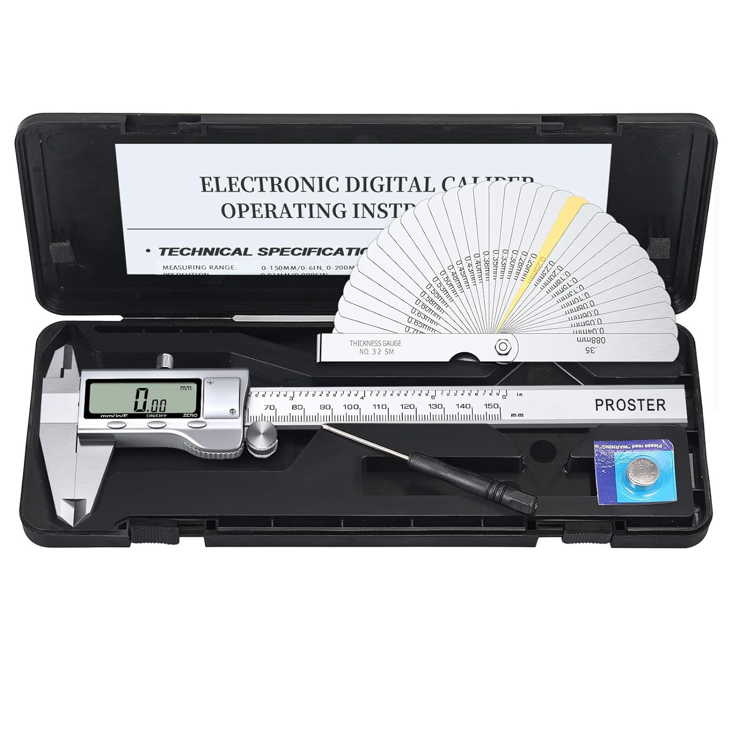 Proster 6" Digital Vernier Caliper with 32 Feeler Gauges- Inch/Metric/Fraction Conversion, Stainless Steel, LCD Screen - for Inner/Outer Diameter, Depth, Width Measurement (150mm)