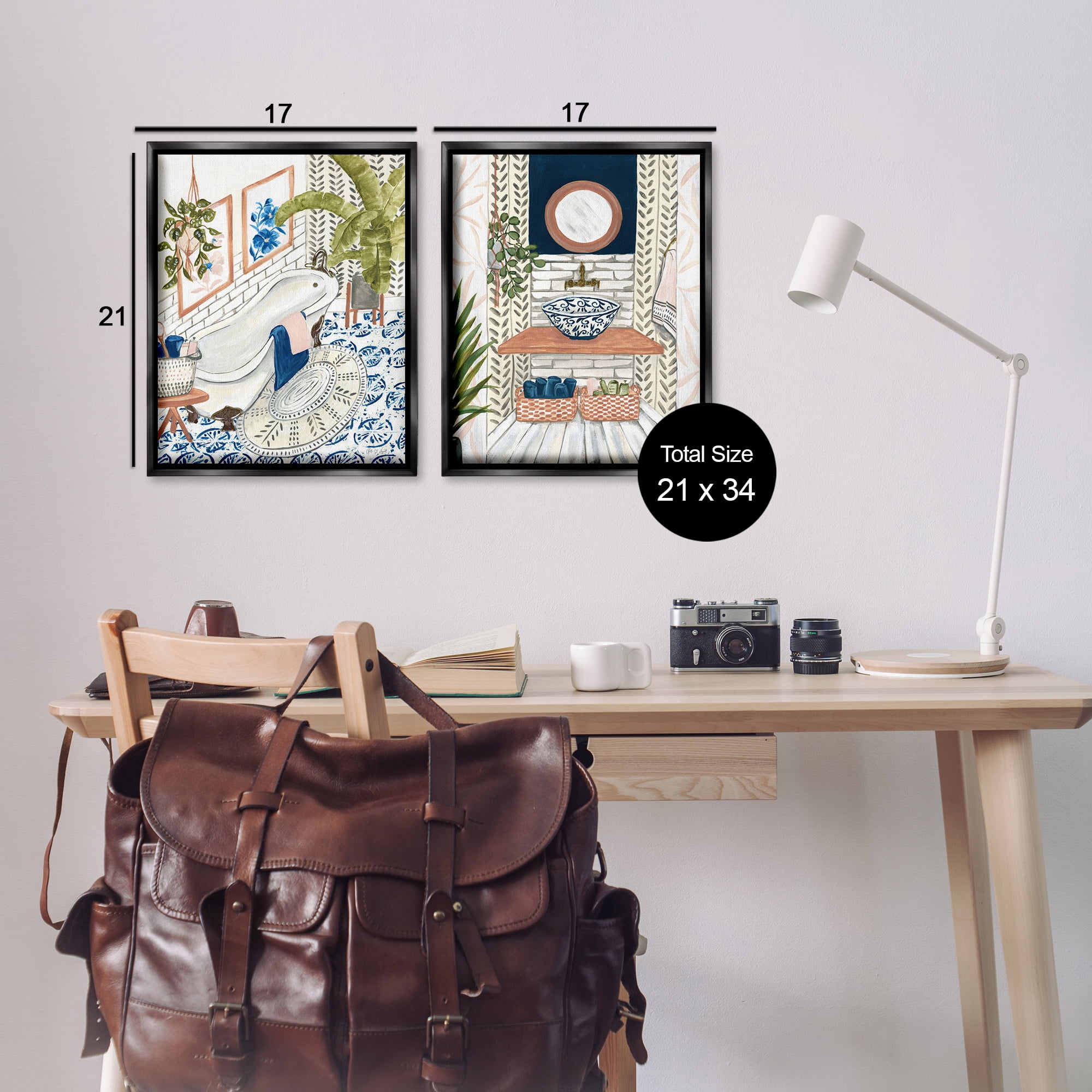 Stupell Industries Boho Chic Bathroom Bath & Laundry Painting Black Floater Framed Canvas Art Print Wall Art, 17 x 21, Set of 2
