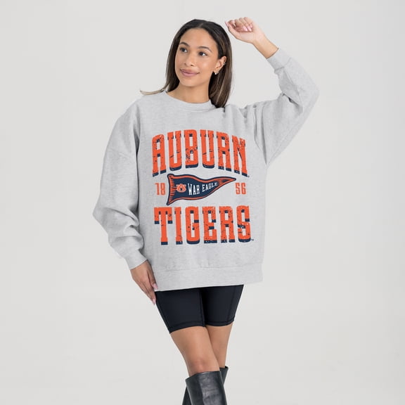 Women's Gameday Couture Ash Auburn Tigers Oversized Pennant Pride Premium Fleece Sweatshirt