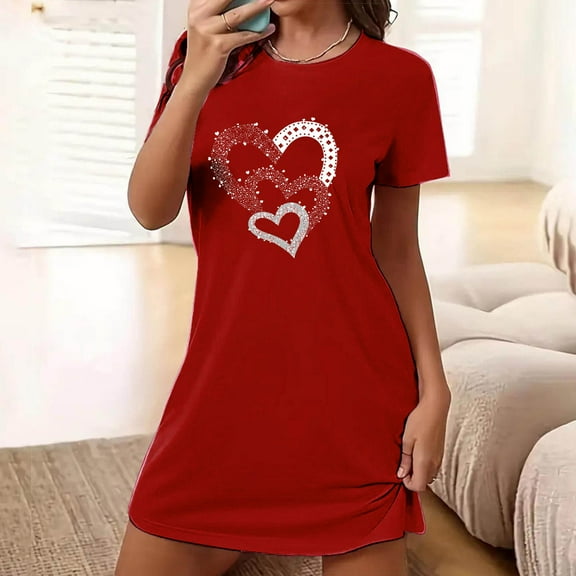 FDGIU Women's Heart Printed Nightgown for Valentine's Day - Soft Short Sleeve Sleepshirt Pajama Dress Loungewear S-2XL