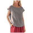 thumbnail image 3 of JUNWELL Lin à la Mode des Femmes Casual Ample Mode à Manches Courtes T-shirt Couleur Unie Col Rond Top, 3 of 7