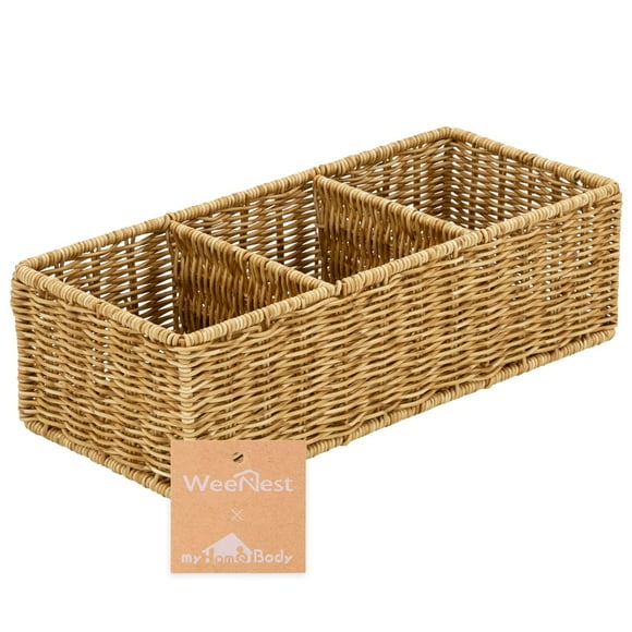 Myhomebody Wicker Basket With 3 Compartments Woven Baskets For Organizing Storage Basket Toilet Tank Basket Bathroom Counter Organizer Bedroom Organization Resin Wicker 1Pc Tan