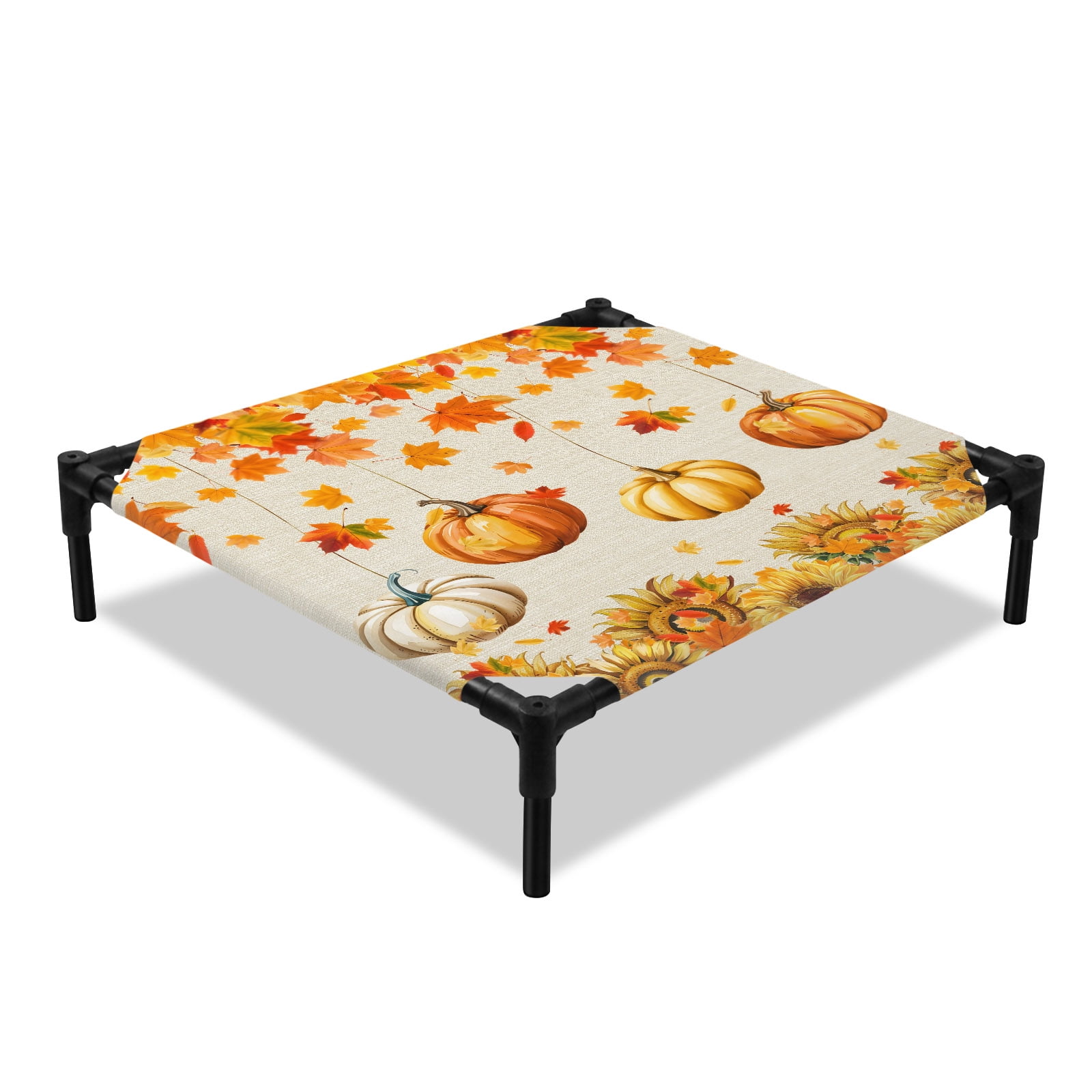 Orange Pumpkin Elevated Dog Bed Thanksgiving Leaves Sunflower Linen Cooling Breathable Outdoor Raised Dog Cot Bed with Metal Frame Non-Slip Feet for Small Dog 20x20in