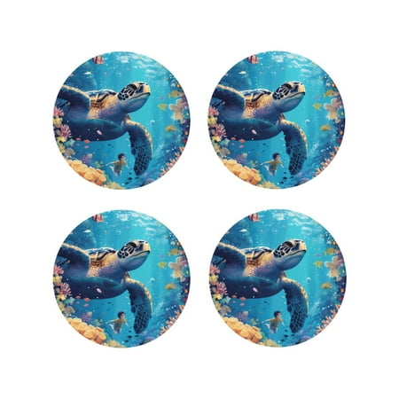 

Leather Coasters Set of 4 - Colorful Underwater Plant Turtle Lightweight Non-Slip Drink Coasters for Desk Anti-Scalding Desk Cup Coasters for Office Table Decor Round Shape