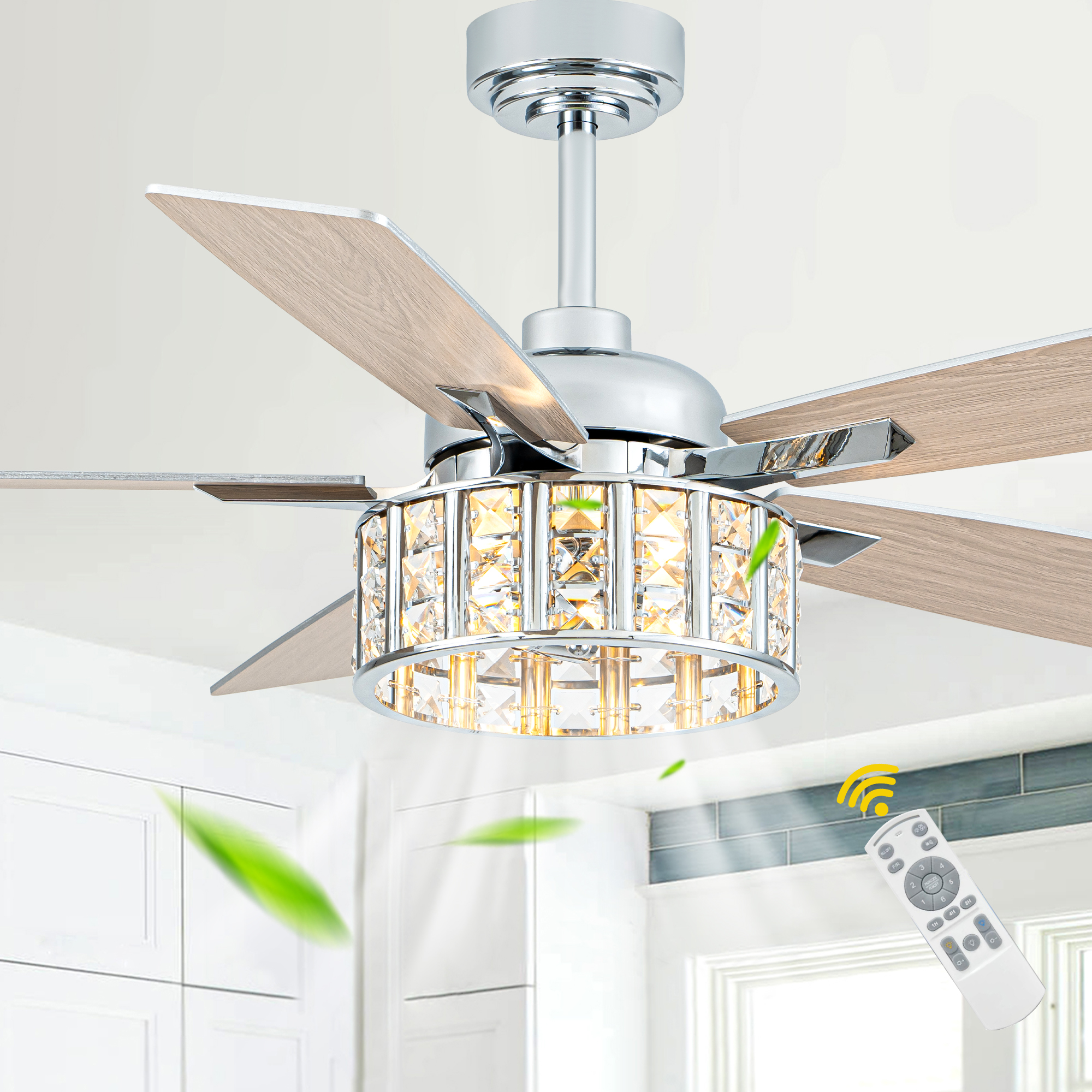 Bella Depot 52" Modern Silver Crystal Ceiling Fan 6-Speed Reversible with Light and Remote Control