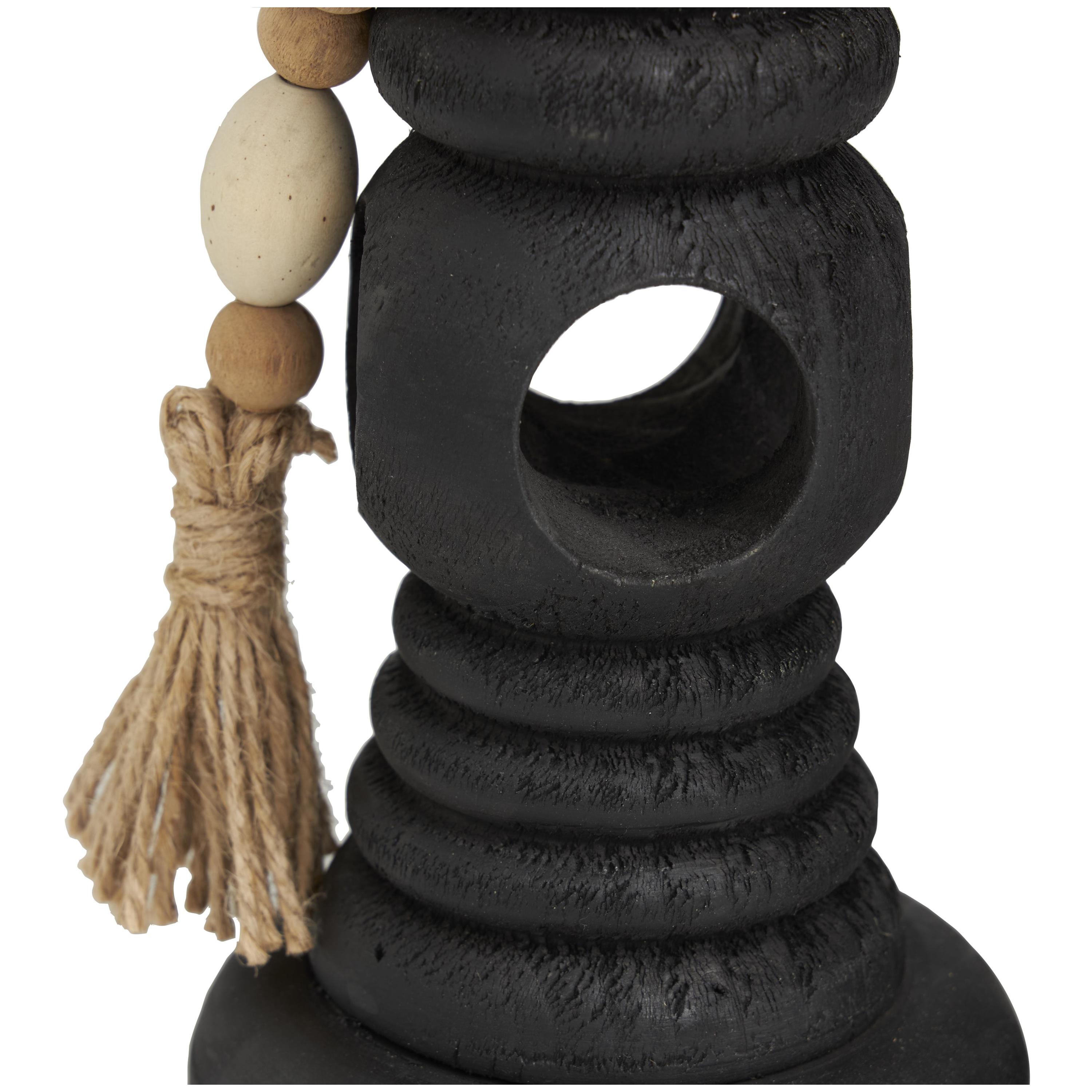 DecMode 3 Candle Black Wood Handmade Textured Matte Candle Holder with Beaded Garland Accent, Set of 3