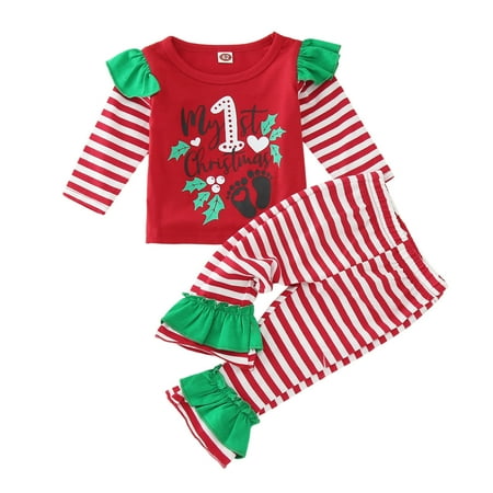 

BSDHBS Girls Spring Outfits Toddler Girls Christmas Long Sleeve Letter Striped Prints T Shirt Tops Flare Pants Kids Outfits