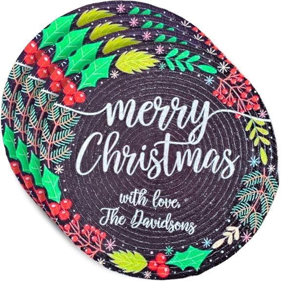 4Pcs Merry Christmas Cotton Rope Woven Placemats – Round 15 Inch Dining Mats with Santa Claus Print, Holiday Table Décor for Parties, Cafes & Kitchen (Black)