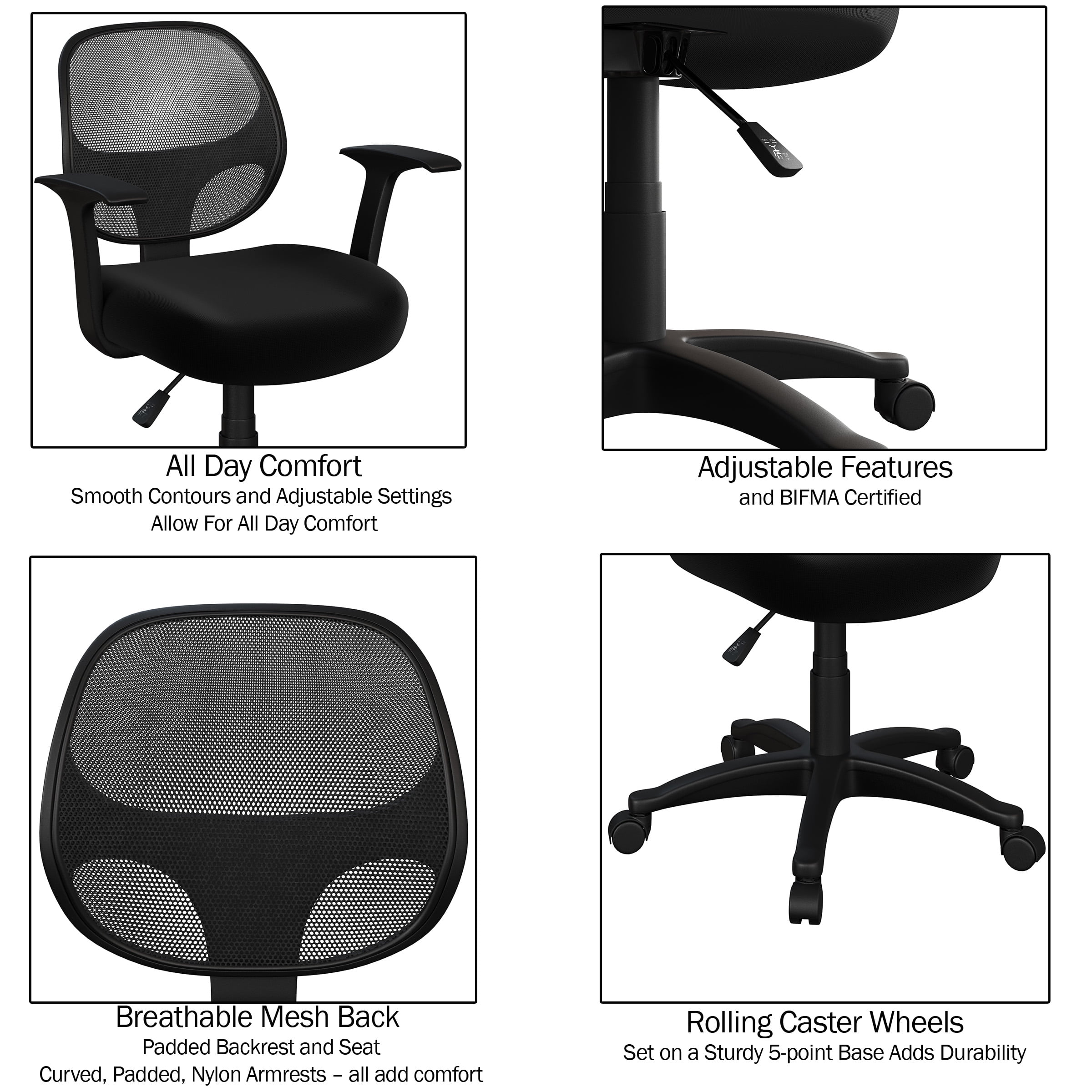 Lavish Home Office Chair Adjustable Height with Wheels and Arms, Black