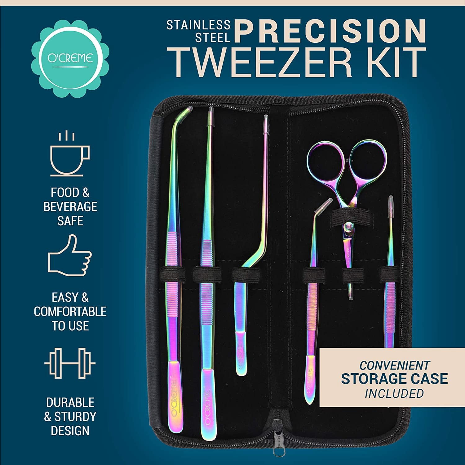 O'Creme Set of Culinary Tweezer Tongs Offset, Straight and Curved, Plus Super Sharp Chef Scissors, Total 6 Pieces Multicolored